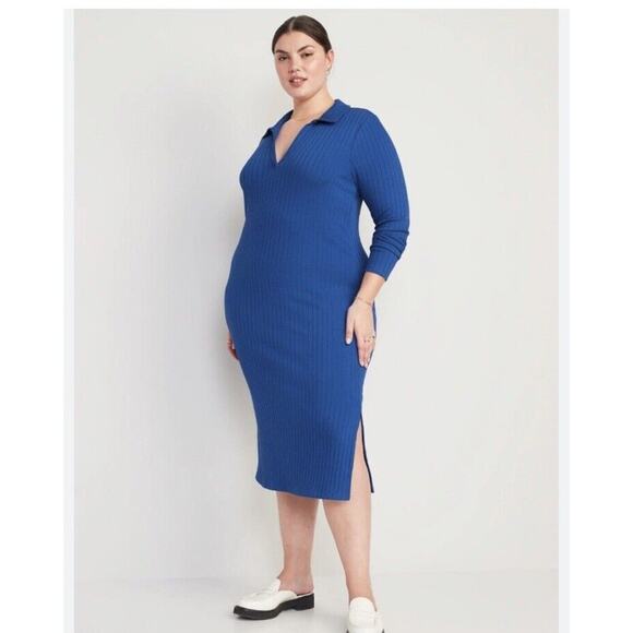 Old Navy Dresses & Skirts - Old Navy Womens Size 2X Fitted Rib-Knit Midi Polo Dress Blue NWT